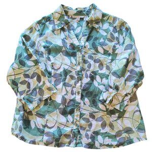 JM Collection Woman 16W Green Leaf Print Linen Button-Up Shirt 3/4 Sleeve Relaxe